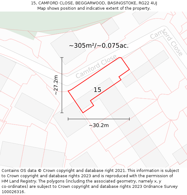 15, CAMFORD CLOSE, BEGGARWOOD, BASINGSTOKE, RG22 4UJ: Plot and title map