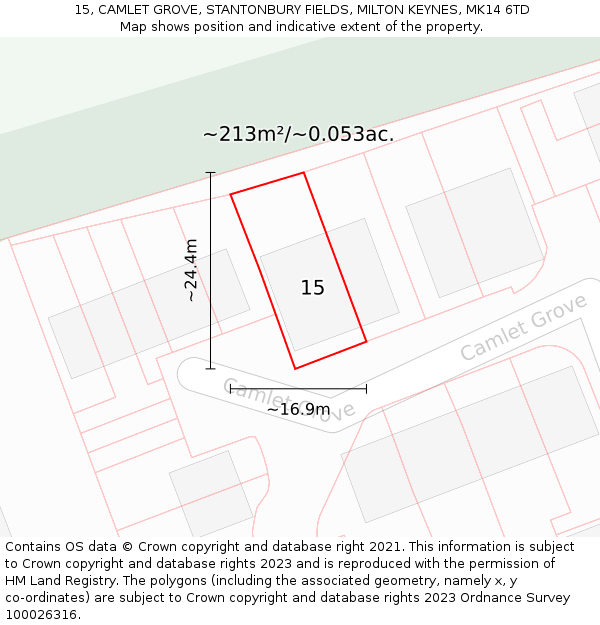 15, CAMLET GROVE, STANTONBURY FIELDS, MILTON KEYNES, MK14 6TD: Plot and title map