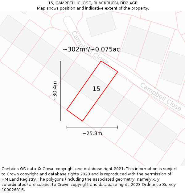 15, CAMPBELL CLOSE, BLACKBURN, BB2 4GR: Plot and title map