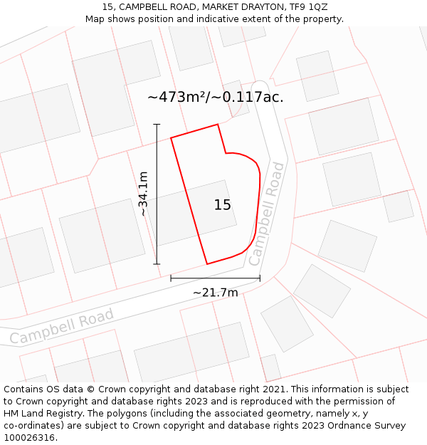 15, CAMPBELL ROAD, MARKET DRAYTON, TF9 1QZ: Plot and title map