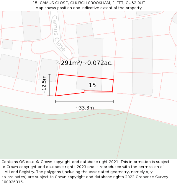 15, CAMUS CLOSE, CHURCH CROOKHAM, FLEET, GU52 0UT: Plot and title map