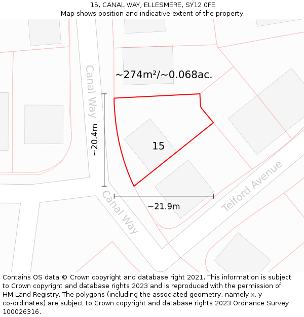 15, CANAL WAY, ELLESMERE, SY12 0FE: Plot and title map