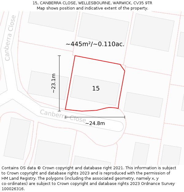 15, CANBERRA CLOSE, WELLESBOURNE, WARWICK, CV35 9TR: Plot and title map