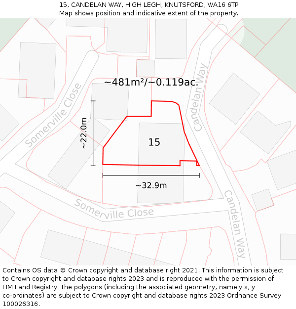 15, CANDELAN WAY, HIGH LEGH, KNUTSFORD, WA16 6TP: Plot and title map