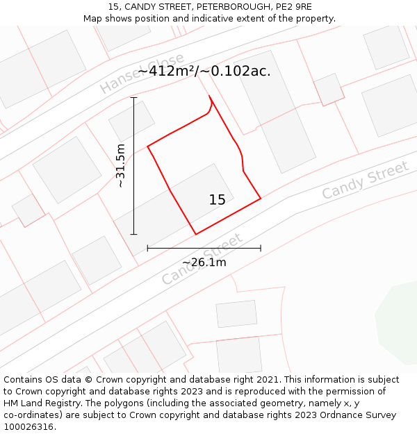 15, CANDY STREET, PETERBOROUGH, PE2 9RE: Plot and title map