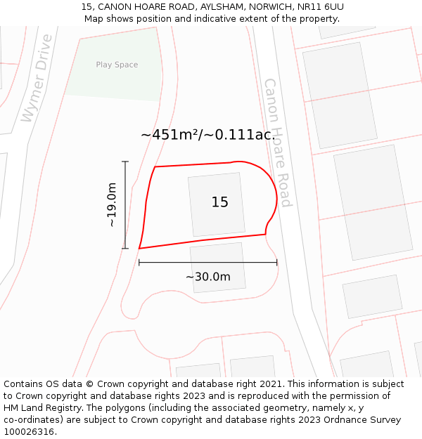 15, CANON HOARE ROAD, AYLSHAM, NORWICH, NR11 6UU: Plot and title map