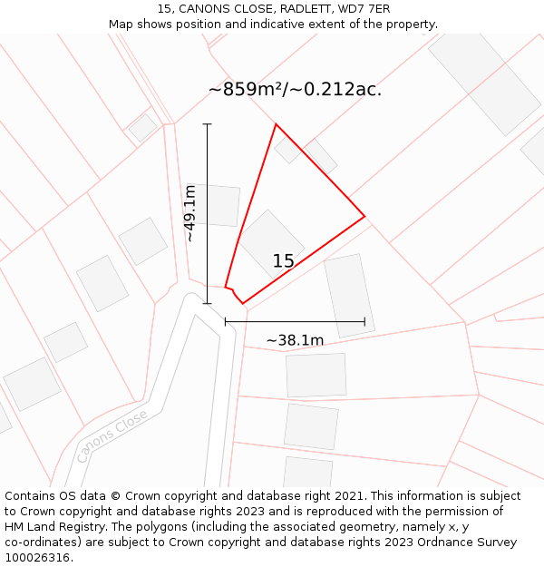 15, CANONS CLOSE, RADLETT, WD7 7ER: Plot and title map