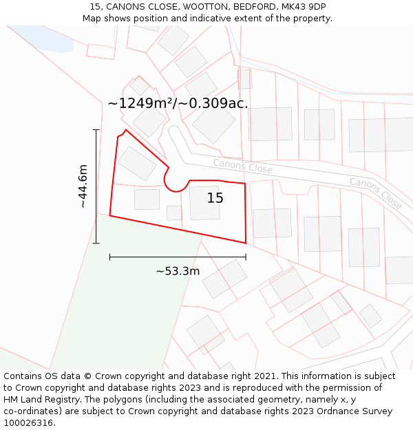 15, CANONS CLOSE, WOOTTON, BEDFORD, MK43 9DP: Plot and title map