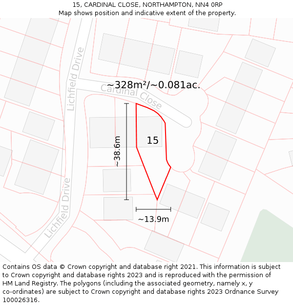 15, CARDINAL CLOSE, NORTHAMPTON, NN4 0RP: Plot and title map