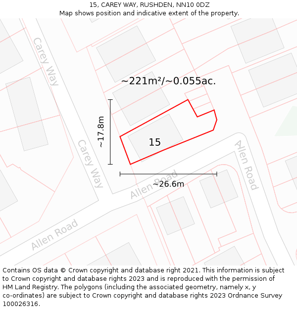 15, CAREY WAY, RUSHDEN, NN10 0DZ: Plot and title map