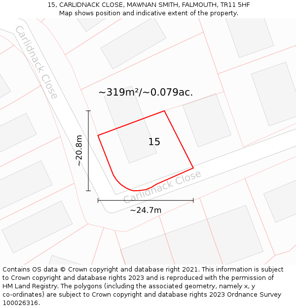 15, CARLIDNACK CLOSE, MAWNAN SMITH, FALMOUTH, TR11 5HF: Plot and title map