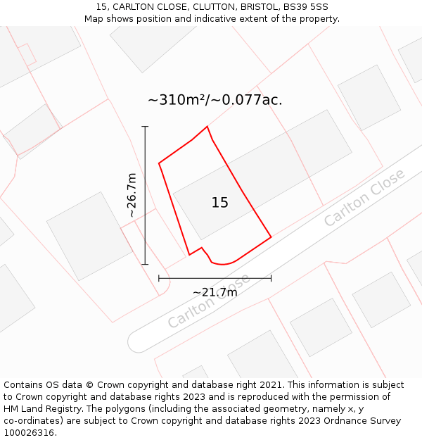 15, CARLTON CLOSE, CLUTTON, BRISTOL, BS39 5SS: Plot and title map