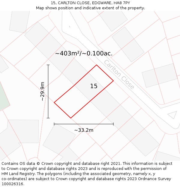 15, CARLTON CLOSE, EDGWARE, HA8 7PY: Plot and title map