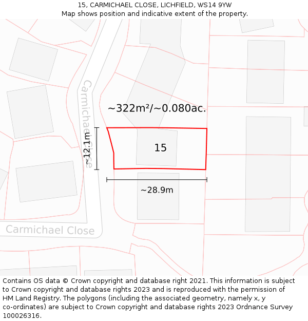 15, CARMICHAEL CLOSE, LICHFIELD, WS14 9YW: Plot and title map