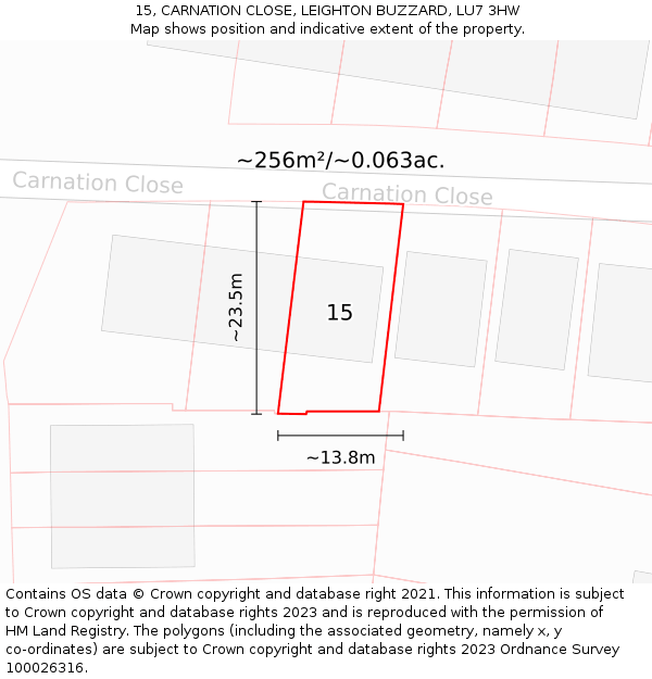15, CARNATION CLOSE, LEIGHTON BUZZARD, LU7 3HW: Plot and title map