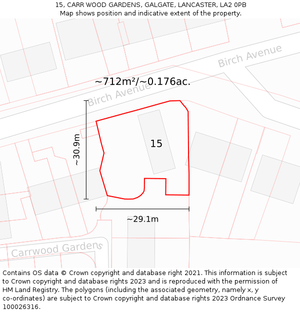15, CARR WOOD GARDENS, GALGATE, LANCASTER, LA2 0PB: Plot and title map