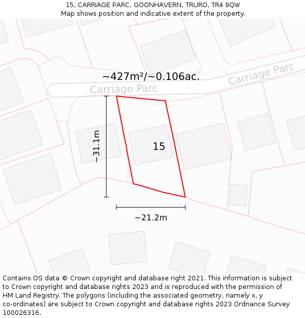 15, CARRIAGE PARC, GOONHAVERN, TRURO, TR4 9QW: Plot and title map