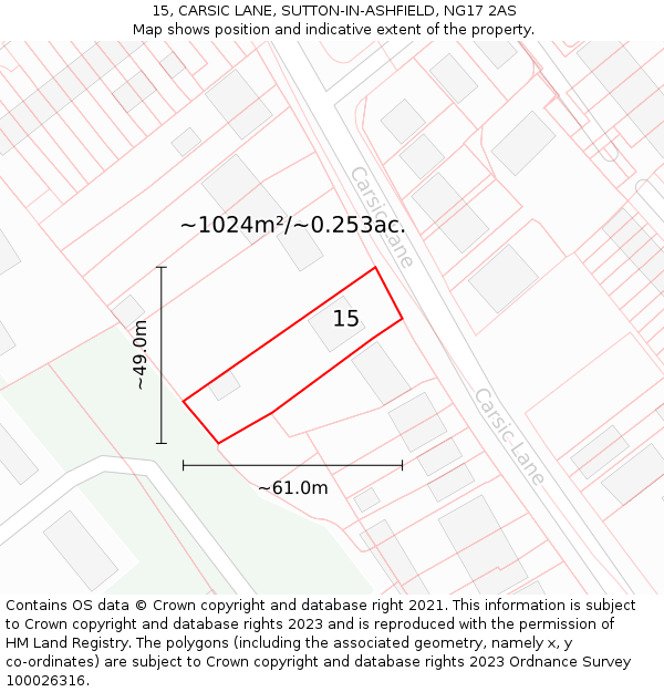 15, CARSIC LANE, SUTTON-IN-ASHFIELD, NG17 2AS: Plot and title map