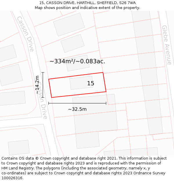 15, CASSON DRIVE, HARTHILL, SHEFFIELD, S26 7WA: Plot and title map