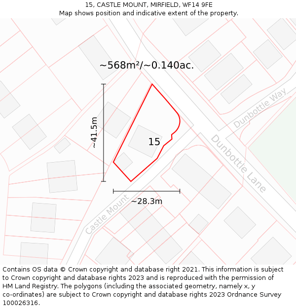 15, CASTLE MOUNT, MIRFIELD, WF14 9FE: Plot and title map