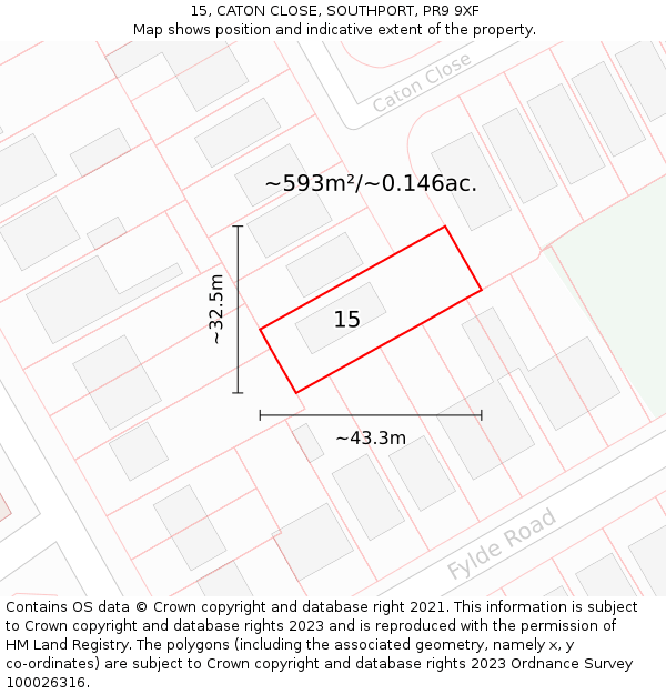 15, CATON CLOSE, SOUTHPORT, PR9 9XF: Plot and title map
