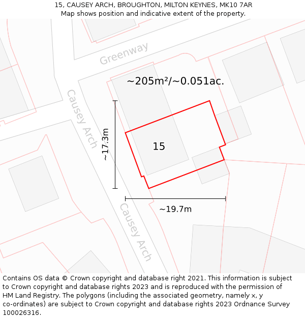 15, CAUSEY ARCH, BROUGHTON, MILTON KEYNES, MK10 7AR: Plot and title map
