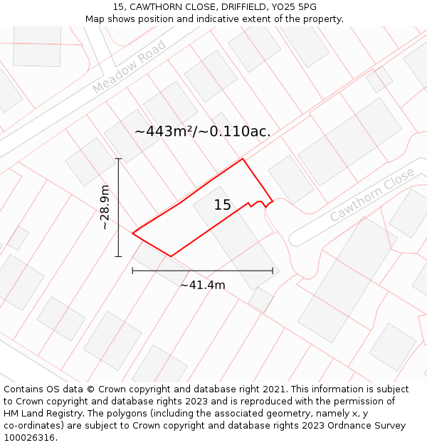 15, CAWTHORN CLOSE, DRIFFIELD, YO25 5PG: Plot and title map