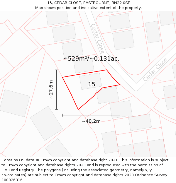 15, CEDAR CLOSE, EASTBOURNE, BN22 0SF: Plot and title map