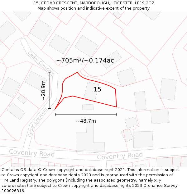 15, CEDAR CRESCENT, NARBOROUGH, LEICESTER, LE19 2GZ: Plot and title map