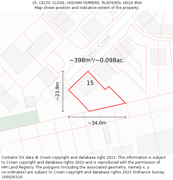 15, CELTIC CLOSE, HIGHAM FERRERS, RUSHDEN, NN10 8NX: Plot and title map