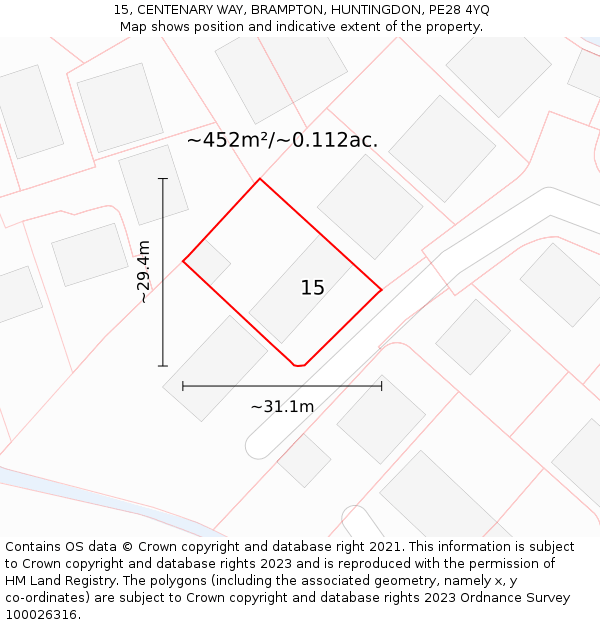 15, CENTENARY WAY, BRAMPTON, HUNTINGDON, PE28 4YQ: Plot and title map