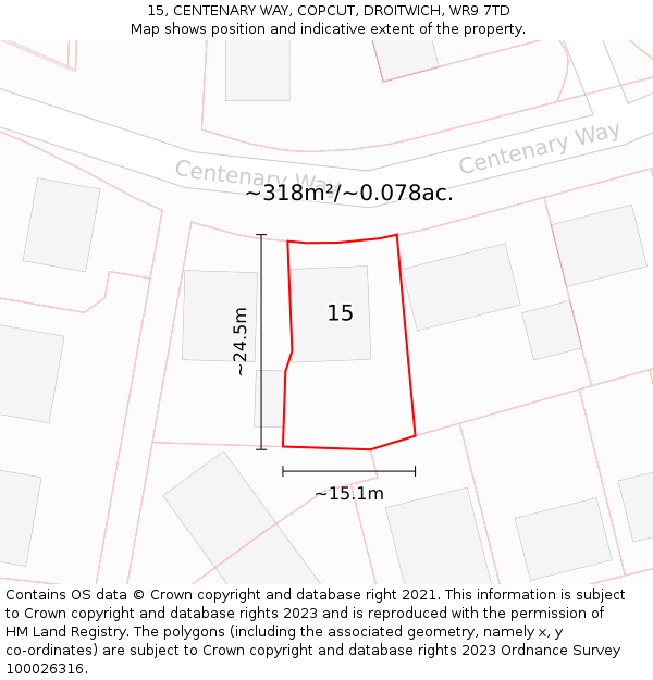 15, CENTENARY WAY, COPCUT, DROITWICH, WR9 7TD: Plot and title map