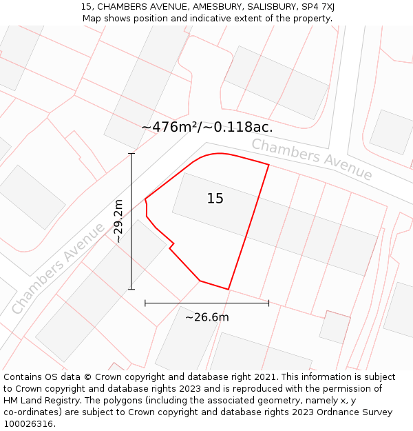 15, CHAMBERS AVENUE, AMESBURY, SALISBURY, SP4 7XJ: Plot and title map