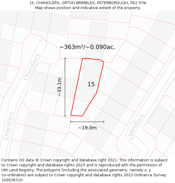 15, CHANDLERS, ORTON BRIMBLES, PETERBOROUGH, PE2 5YW: Plot and title map