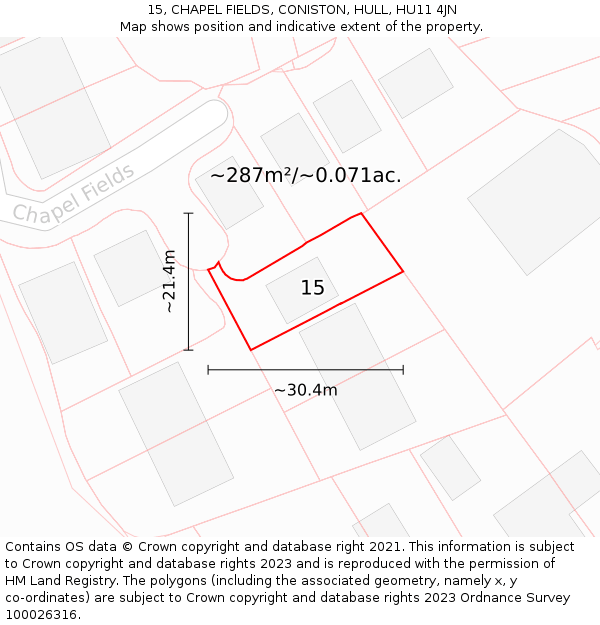 15, CHAPEL FIELDS, CONISTON, HULL, HU11 4JN: Plot and title map