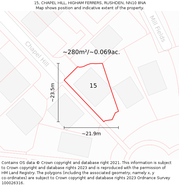 15, CHAPEL HILL, HIGHAM FERRERS, RUSHDEN, NN10 8NA: Plot and title map