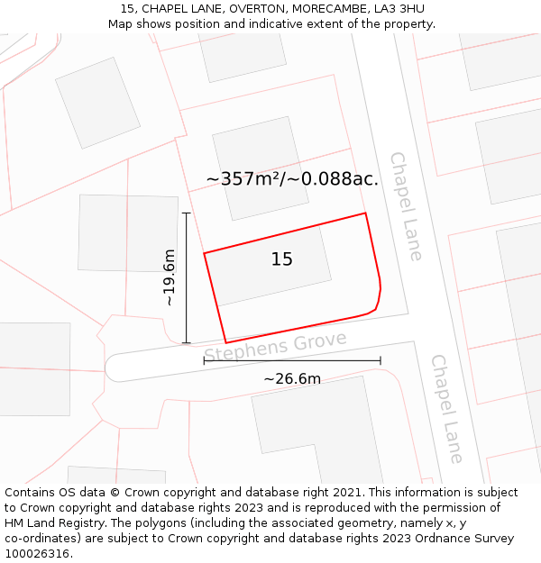 15, CHAPEL LANE, OVERTON, MORECAMBE, LA3 3HU: Plot and title map