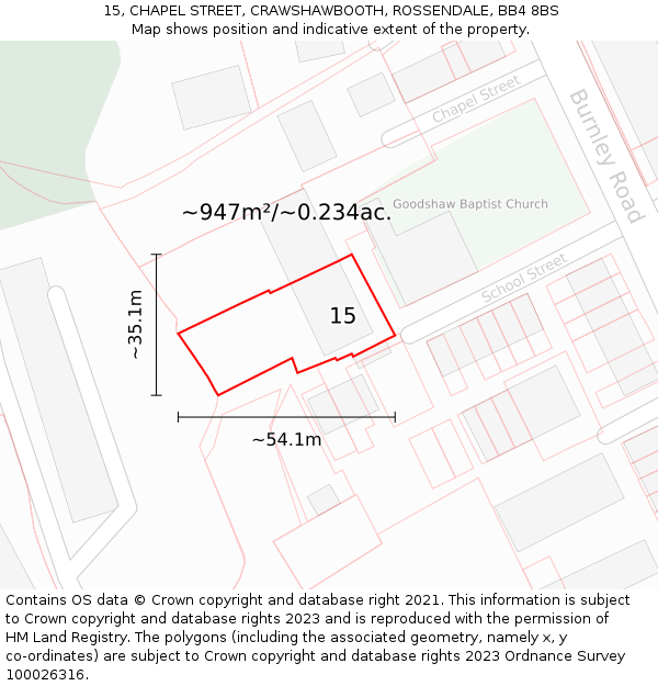 15, CHAPEL STREET, CRAWSHAWBOOTH, ROSSENDALE, BB4 8BS: Plot and title map