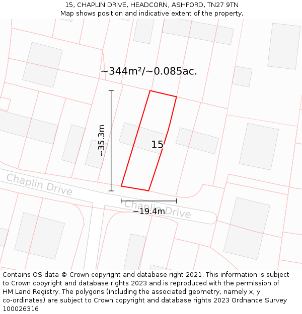 15, CHAPLIN DRIVE, HEADCORN, ASHFORD, TN27 9TN: Plot and title map