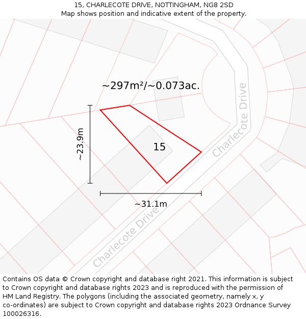 15, CHARLECOTE DRIVE, NOTTINGHAM, NG8 2SD: Plot and title map