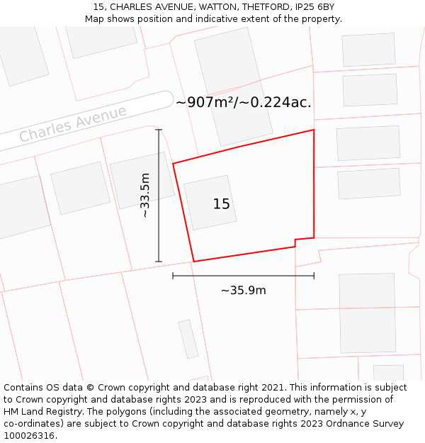 15, CHARLES AVENUE, WATTON, THETFORD, IP25 6BY: Plot and title map