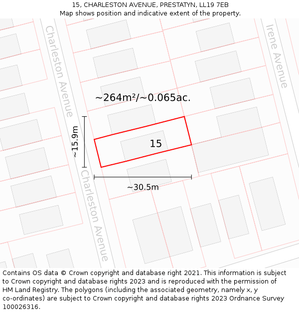 15, CHARLESTON AVENUE, PRESTATYN, LL19 7EB: Plot and title map