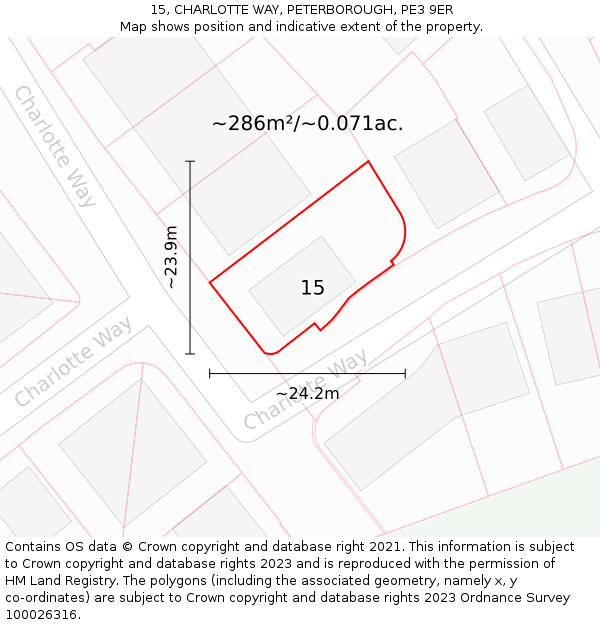 15, CHARLOTTE WAY, PETERBOROUGH, PE3 9ER: Plot and title map