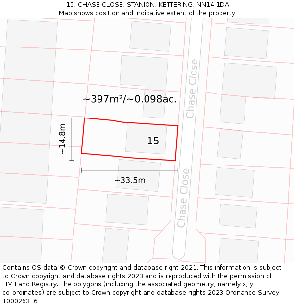 15, CHASE CLOSE, STANION, KETTERING, NN14 1DA: Plot and title map