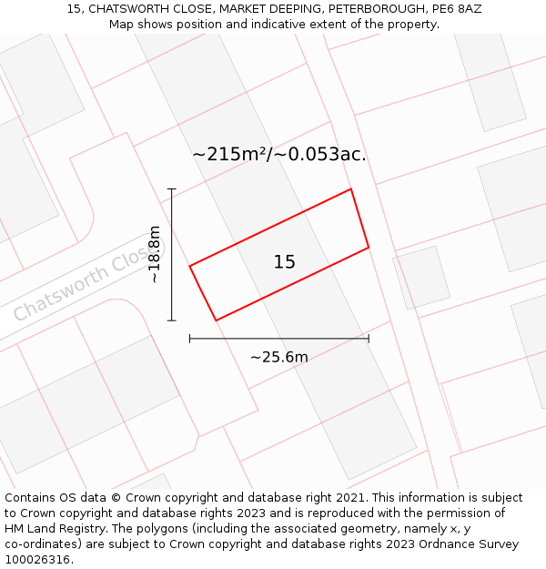 15, CHATSWORTH CLOSE, MARKET DEEPING, PETERBOROUGH, PE6 8AZ: Plot and title map