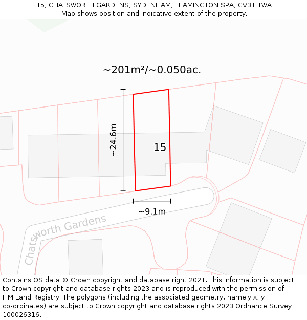 15, CHATSWORTH GARDENS, SYDENHAM, LEAMINGTON SPA, CV31 1WA: Plot and title map