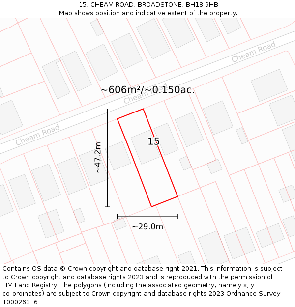 15, CHEAM ROAD, BROADSTONE, BH18 9HB: Plot and title map