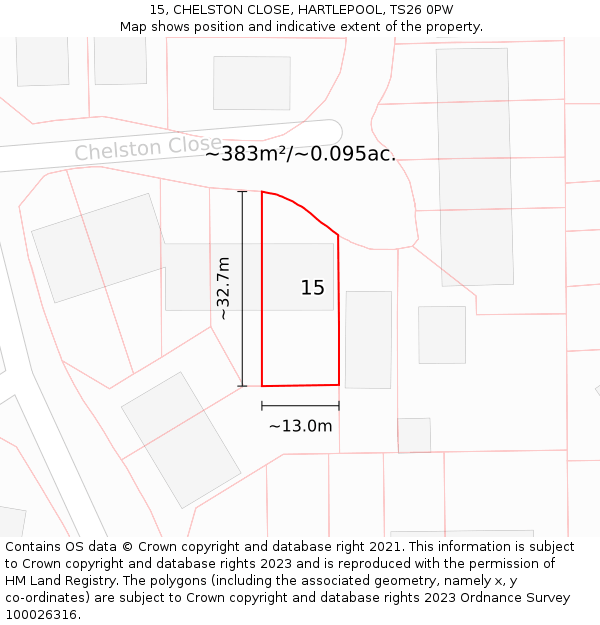 15, CHELSTON CLOSE, HARTLEPOOL, TS26 0PW: Plot and title map