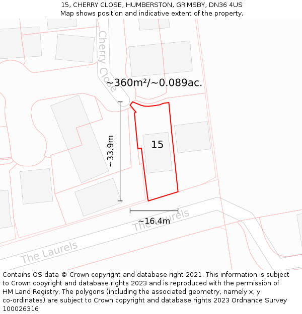 15, CHERRY CLOSE, HUMBERSTON, GRIMSBY, DN36 4US: Plot and title map