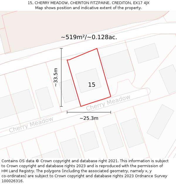 15, CHERRY MEADOW, CHERITON FITZPAINE, CREDITON, EX17 4JX: Plot and title map